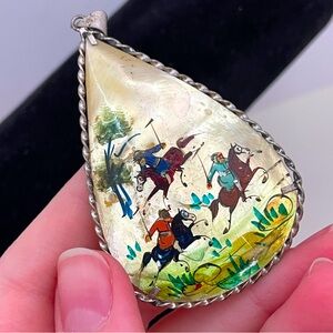 Vintage Heavy HAND PAINTED STONE Asian Spring Boho Whimsical Oversized Pendent